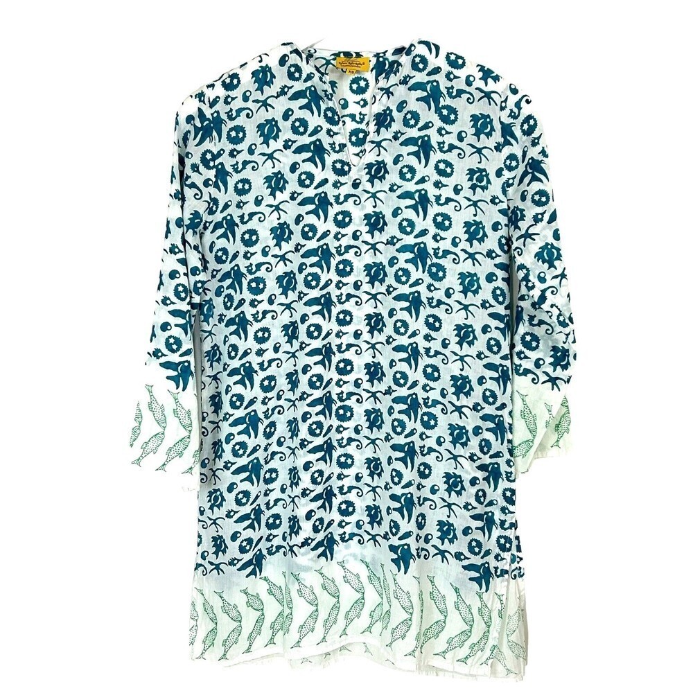 Roberta Roller Rabbit Blouse Women XS Turquoise Seahorse Fish Print Tunic Cotton